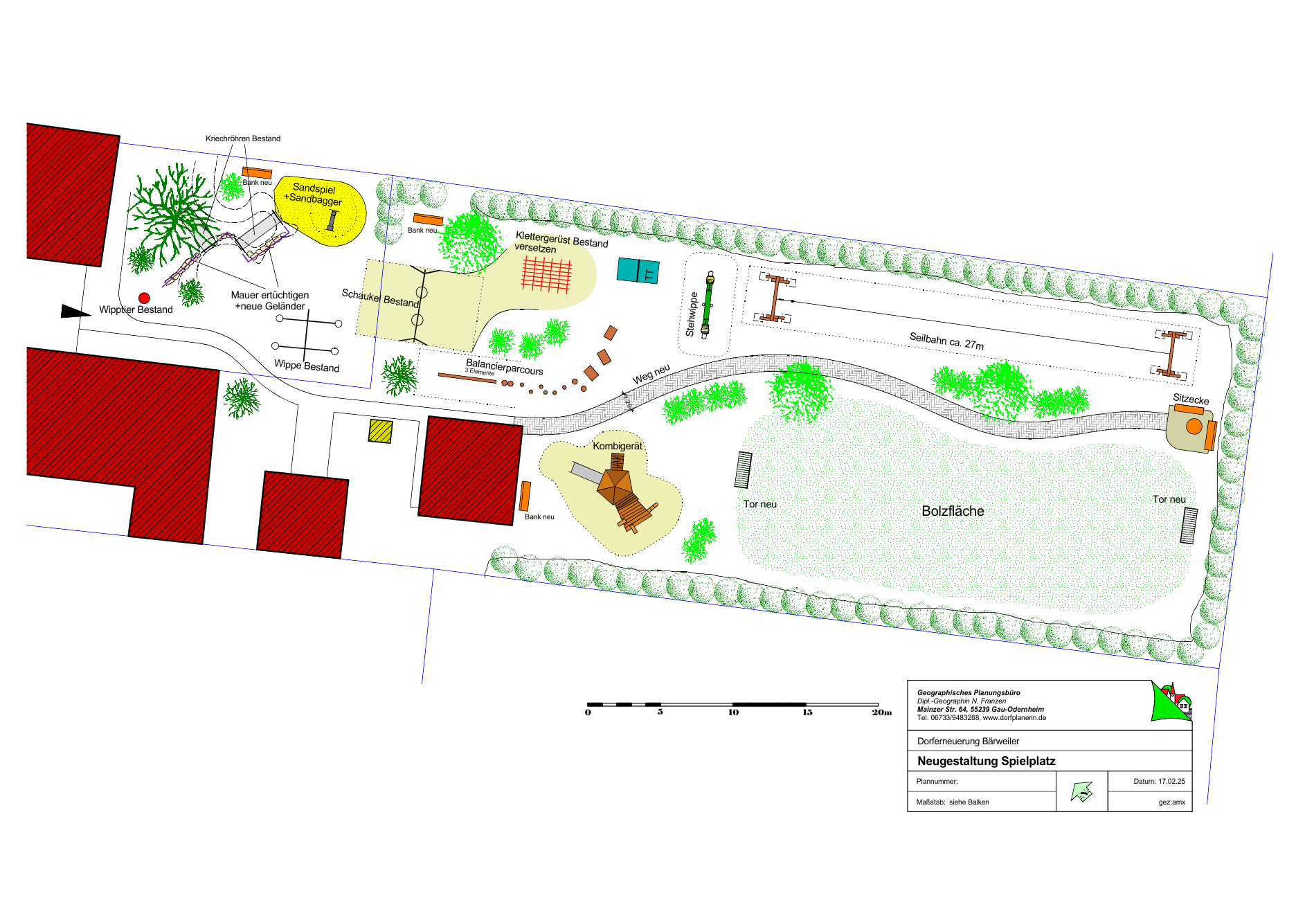 Entwurfsplan zur Neugestaltung des Spielplatzes Bärweiler mit Spielgeräten, Seilbahn, Sandspiel, Sitzbereichen und Wegen